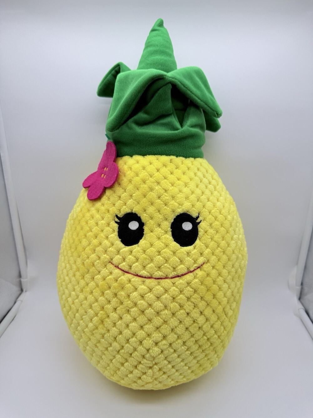 Fiesta Yellow Pineapple Plush Stuffed Toy Pink Flower Green Top Sewn Eyes 18”